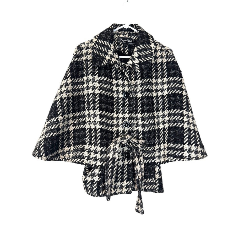 Regent Park Black White Houndstooth Wool Blend Cape‎ Coat Capelet Belted Large